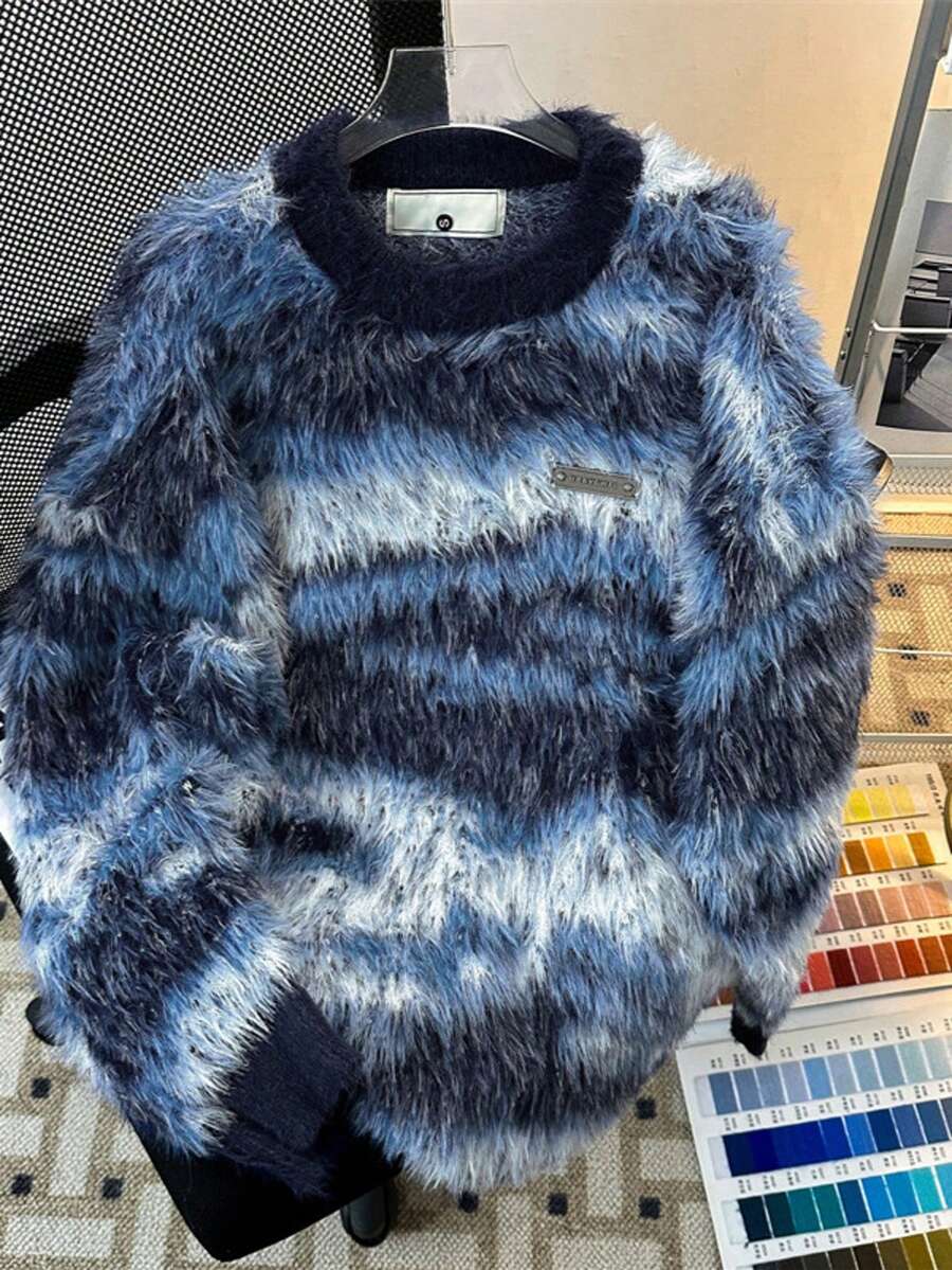 Winter Fox Fur-Imitated Jacquard Crewneck Sweater Men's American Retro Vintage Loose Casual Warm Knitwear - 藍色 - 查看 1