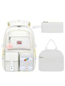 1 Set Solid Color (Plush Pendant + Detachable Hook And Loop*2) Backpack Combo Set, Suitable For Outings And Work, Dual Zipper Design, Can Carry Laptop, Large Capacity, Back To School Gift - Multicolor - View 10