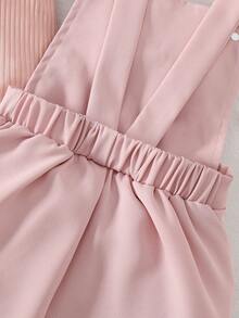 2件套女婴休闲时尚日常甜美可爱粉色针织竖条纹圆领荷叶袖连体衣和粉色编织蝴蝶结刺绣口袋背带短裤套装，夏季 - 粉色 - 查看 10