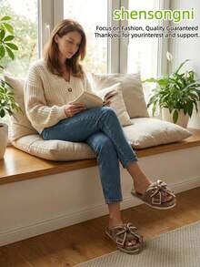 shensongni Women's Bow Decor House Slippers, Fluffy Textured Comfortable Indoor Slippers, Suitable For All Seasons, Women's Home Slippers, Flat Slippers, Lightweight & Fashionable Open Toe Slippers - Coffee Brown - View 6