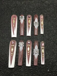 10 Piece 5.5cm Handmade Coffin Shaped Armor, Decorated With Rhinestones And Petals, Designed As A Nail Sticker Set, Suitable For Women And Girls, Gatherings, Festivals, And Daily Wear. Nail Accessories, Acrylic Nail Kit, Including Kit, Hand Pressed Nail Art, Fake Nail Stickers, And Nail Supplies. Nails - Multicolor - View 2