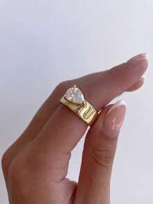 1pc Elegant Minimalist Teardrop Zirconia Ring, 925 Sterling Silver Material, Delicate Jewelry Gift For Women, Birthday/Anniversary - Gold - View 7