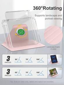 Rotating Case Compatible With Pad 11th Generation (A16) 11 Inch 2025/Pad 10th Generation 10.9" 2022, With Built-In Apple Pencil Holder, 360 Degree Rotation Protective Stand Cover Clear Back, Auto Wake/Sleep-Acrylic Transparent And Pink - Pink - View 2