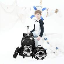 男童带轮背包，圆形，带扣，可作书包和铅笔盒，适合小学生、儿童足球旅行行李箱