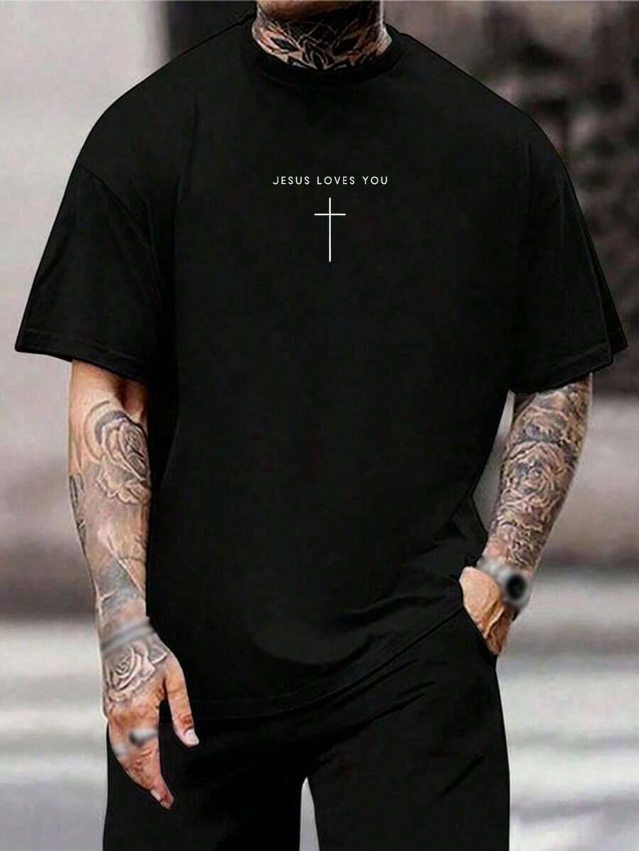 'Jesus Loves You' Cross T-Shirt - Christian T-Shirt For Men And Women - Religious Clothing Gift - Minimalist Black Short Sleeve Design - Comfortable And Stylish Casual Wear - 黑色 - 查看 1