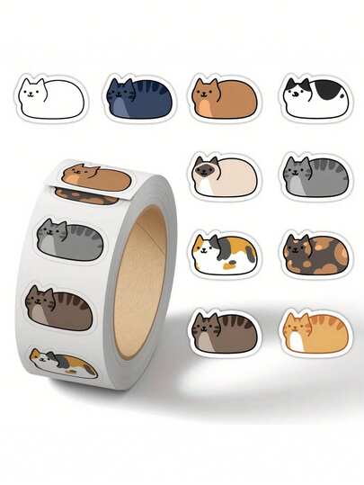 500pcs/Roll Cute Cat Stickers Roll - Vibrant Animal Designs (Cat) For DIY Crafts, Gifts, Party Favors, Guitar & Phone Decor - Self-Adhesive, Mixed Colors, Paper Material, Cat Gifts, Craft Supplies, Playful Stickers, Glossy Finish