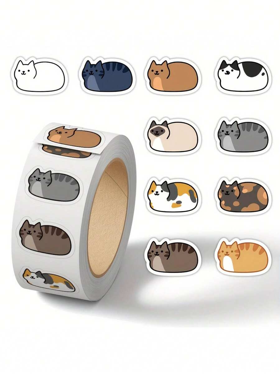 500张/卷 可爱猫咪贴纸 - 色彩鲜艳的动物图案（猫咪），适用于DIY手工、礼品、派对小礼物、吉他及手机装饰 - 自粘式，混色，纸质，猫咪主题礼品，手工用品，趣味贴纸，光面