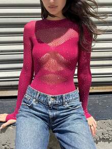 Women Y2K Long Sleeve Mesh Cut Out Rhinestone Bodysuit Fitted Going Out Party Club Top - Hot Pink - View 2