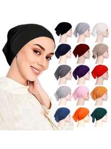 1件装女士穆斯林内衬头巾帽面纱长款针织头巾，轻盈透气，适合日常佩戴，多种颜色可选，可作睡帽使用。 - 彩色 - 查看 1