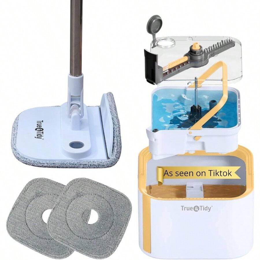 ® TrueClean Spin Mop 2.0 W/Detachable Inner Bucket Self Standing Separates Clean And Dirty Water Foldable Square Mop Head Triple Jet Stream W/Hidden Brush Replaceable 2pc Pads - 佩里 - 查看 1