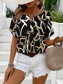 Women's Casual Shirt Abstract Line Art Print Turnup Sleeve V-Neck Black Base Gold & White Contrast Color Shirt, Casual Commuter Style For Spring/Summer Daily Wear Vacation - Black - View 4