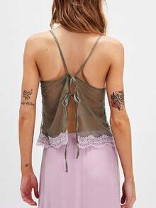 Women Sexy Tie Up Lace Trim Cami Tops Semi Sheer Crop Tops Y2k Girls Cute Summer Camisole Shirt Going Out Tops - 綠色 - 查看 2