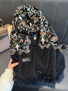 1件装女士秋冬仿羊绒刺绣围巾，加厚保暖流苏刺绣波西米亚风旅行披肩斗篷 - 黑色 - 查看 5