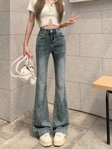 High Waist Washed Blue Flare Jeans For Women, Slim Fit, Spring & Autumn - Light Wash - View 3