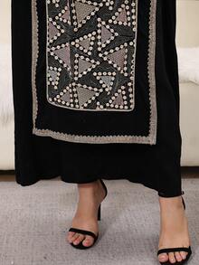 2026 New Style Ramadan Traditional Elegant Sleeveless V-Neck Dress With Embroidery, Silver Sequins, Tassels And Tie For Arabian Women - Black - View 5