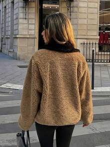 معطف فرو الدب البني الفاخر للنساء، معطف أنيق ذو ياقة من الفرو الاصطناعي الأسود، إطلالة أنيقة لحفلات الكرنفال والخروج الليلي، ملابس خارجية فرو أنيقة - بني - مشاهدة 8