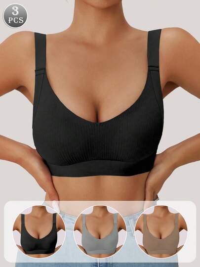 3pcs Women's Comfortable Seamless Bras, Wireless Soft Bras Suitable For Daily Life And Travel