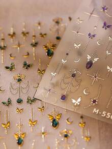 1 buc fluture verde fermecător cu folie aurie insecte fluturânde, stele și lună autocolante 5D pentru unghii mistice grădină cerească autoadezive artă pentru manichiură inspirată din natură pentru femei decorare