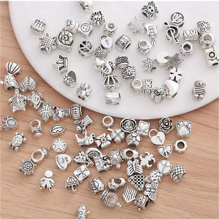 30/200pcs Fashion Metal Beads Set, Suitable For DIY Jewelry - Multi-Functional Large Hole Design, Applicable For Necklaces, Bracelets, Keychains And Phone Charms - Zinc Alloy, With Classic Patterns - Silver - View 1