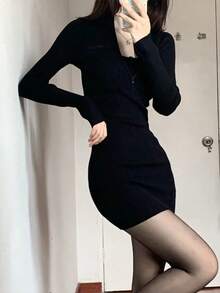 De manga larga vestido de abajo las mujeres dentro de la primavera, otoño e invierno nuevo sexy picante pequeño Slim zip paquete cadera falda corta vestidos elegantes para dama - Negro - Ver 2