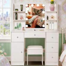 Large Dressing Table Stool Set With LED Lights Mirror, White Vanity Make Up Desk - White - View 1