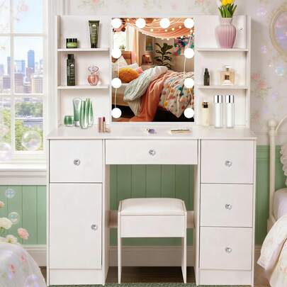 Large Dressing Table Stool Set With LED Lights Mirror, White Vanity Make Up Desk