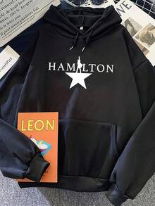 Hamilton Graphic Print Hooded Sweatshirt For Men & Women - Unisex Winter Warmth, Regular Fit, Machine Washable, Black & Grey Geometric Design, Winter Sweater, Casual Casual Attire, Warm Comfort Clothing, Ribbed Cuffs Comfort, Cozy Clothing, Streetwear Style, Comfortable Fabric, Long Sleeve Top, Streetwear Lovers Oversized Hooded Sweatshir,Minimalist Hoodie,Loungewear Hoodie,Distressed Streetwear Hoodie For Women Teen Girls - màu đen - Xem 6