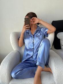女士刺绣爱心睡衣套装，短袖上衣和裤子，蓝色 - 藍色 - 查看 6