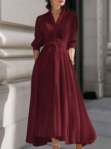 Vusalt 女士春季梭织长袖优雅通勤风系带衬衫裙，白色，适合优雅派对、情人节装扮、婚礼宾客礼服、生日礼服、外出游玩、优雅连衣裙、休闲长裙、白色连衣裙 - 酒紅色 - 查看 3