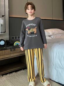 2pcs/Set Tween Boys Cartoon Puppy Print Crew Neck Long Sleeve Striped Autumn Wear, Soft Knit Fabric Children Casual Home Sleepwear - Black - View 6