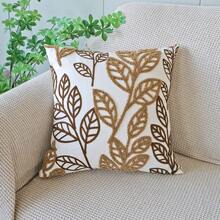 1pc Vintage Brown & Gold Leaf Embroidery Cushion Cover, Retro Botanical Texture Throw Pillow Case For Bed, Sofa - Multicolor - View 14