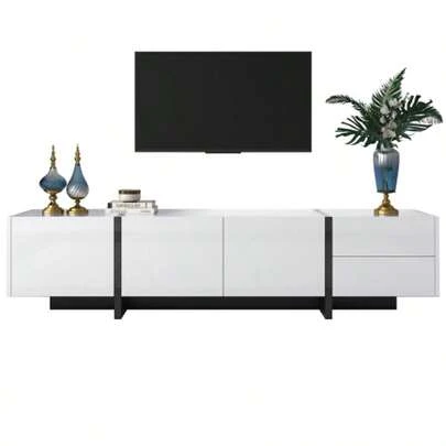 TV Cabinet, Lowboard Panel With Color-Blocked Legs In High-Gloss White And Black, With Doors And Drawers, Doors With Shelves. Simple Linear Design.