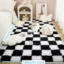 1 件装高档柔软蓬松地毯，带 1 厘米海绵垫，适用于卧室、客厅、阳台、书房、户外野餐、家居装饰，防滑奢华地毯 - 黑與白 - 查看 3