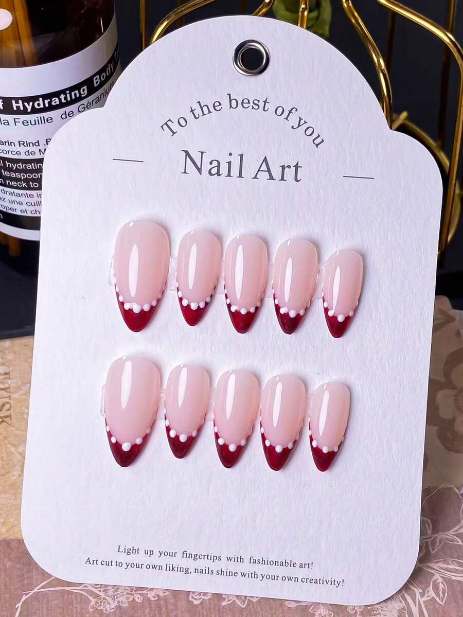 10 piezas de uñas postizas con forma de almendra hechas a mano con diseño de ojo de gato rojo y lunares. Presenta pequeñas decoraciones esféricas blancas hechas a mano, combinadas con puntas francesas pintadas a mano con ojo de gato rojo. Estas elegantes, románticas y minimalistas uñas postizas exudan un encanto sofisticado, sexy y lujoso. Perfectas para uso diario, citas, conciertos y ocasiones laborales ligeras, son un excelente regalo para mujeres y niñas. - Multicolor - Ver 1