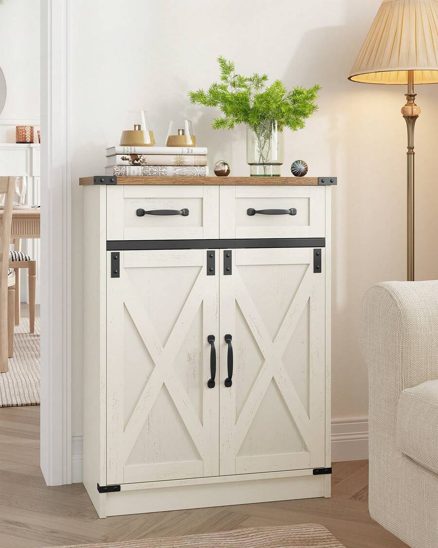 HaluPeit Bathroom Storage Cabinet, Freestanding Bathroom Floor Cabinet With Drawers & Doors, Farmhouse Buffet Cabinets With Adjustable Shelf, For Kitchen, Living Room, Entryway, White Brown - trắng nâu - Xem 1