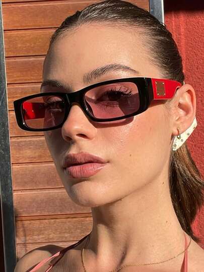 1 Cặp kính thời trang nữ gọng hình chữ nhật màu đen, chất liệu PC, phối màu tương phản