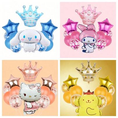 SANRIO Bộ bóng bay hình vương miện 3 món trang nhã, bao gồm bóng bay tráng bạc ánh kim dễ thương và bóng bay hình nhân vật hoạt hình, vật trang trí hoàn hảo cho các bữa tiệc sinh nhật và các buổi tụ họp.