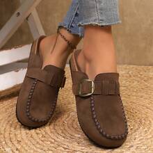 European Style Suede Mule Slippers, Buckle Strap Casual Backless Slip-On Loafers For Women