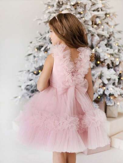 Young Girl Elegant Bowknot Backless Deep V Tulle Princess Dress, Suitable For Little Girls' Birthday Party, Prom, Masquerade Ball, Flower Girl, Bridesmaid, Wedding, Important Occasions And Festivals