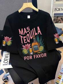 Plus Size Women's Round Neck Letter & Floral Print Casual Versatile Commuting Short Sleeve T-Shirt, Suitable For Summer Vacation Black - Black - View 1