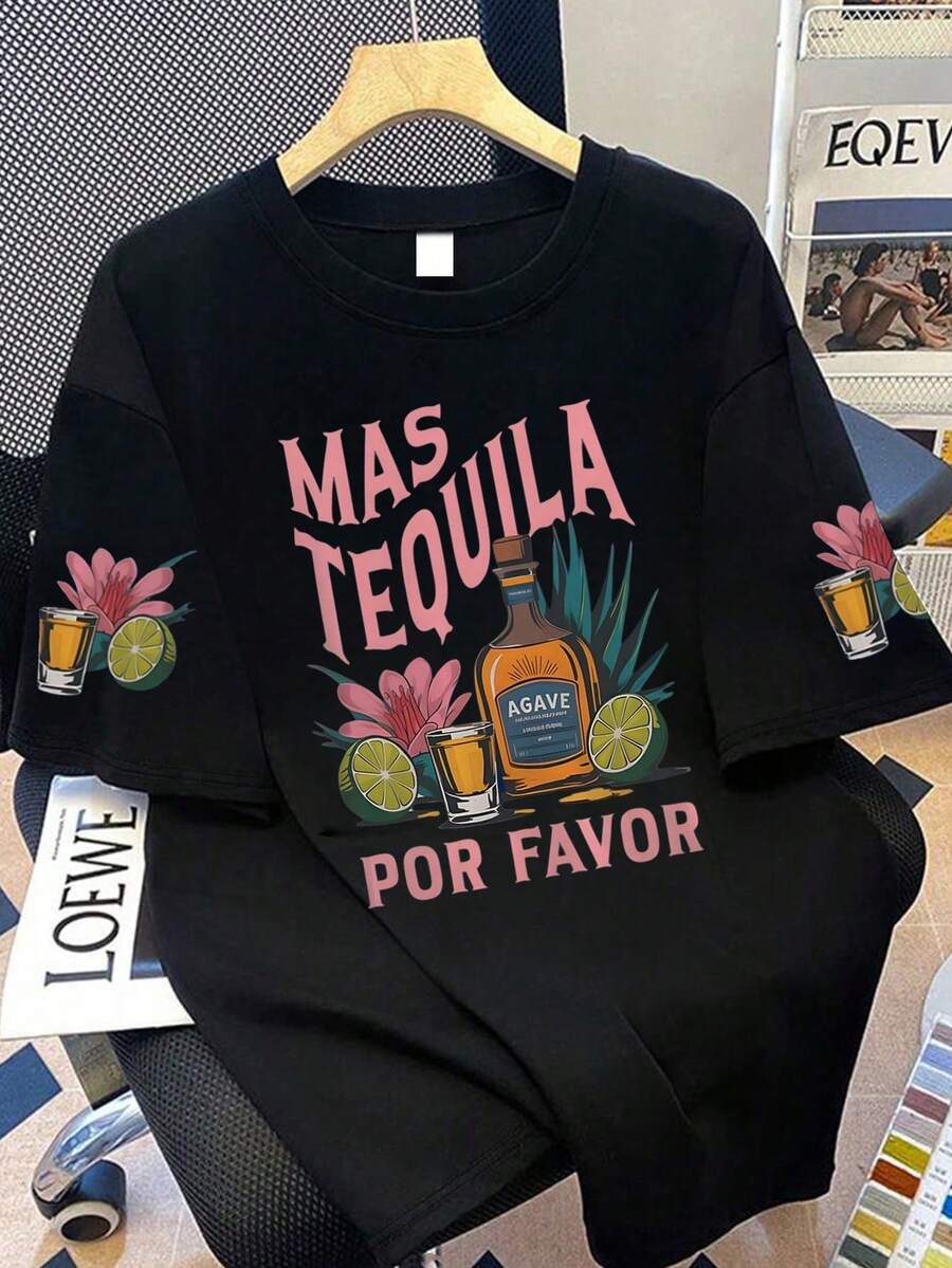 Plus Size Women's Round Neck Letter & Floral Print Casual Versatile Commuting Short Sleeve T-Shirt, Suitable For Summer Vacation Black - Black - View 1