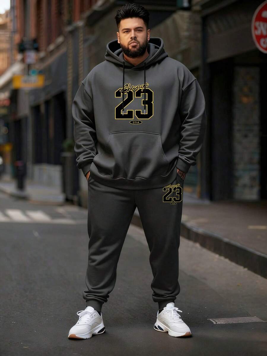 2pcs Plus Size Men's Fashion Streetwear Sports Number 23 & English Letter Pattern Drawstring Pants With Pockets And Hooded Sweatshirt Set, Suitable For Spring, Autumn, Winter Outdoor, Street, Casual Wear - Dark Grey - View 1