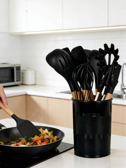 12pcs Silicone Kitchen Utensil Set With Holder, Heat Resistant Cooking Utensils For Nonstick Cookware, Black Wooden Handle Kitchen Tool Set, Father's Day Gift