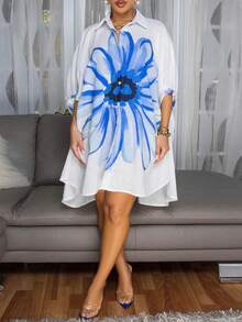 Plus Size Women Ink Painting Print Shoulder Sleeve Loose Fit Open Front Button Collar Shirt, Casual, Holiday, Home Wear, Spring/Summer - White - View 3