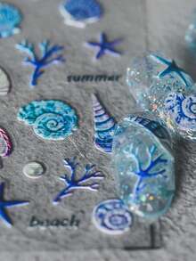 1片蓝色贝壳海螺珊瑚扇贝和海星海洋5D美甲贴纸航海海滩主题自粘美甲艺术，适合女性和女孩的海岸夏季美甲装饰美甲用品 - 彩色 - 查看 3