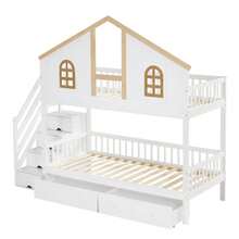 Bunk Bed, Children's Bed, With Contrasting Safety Rail, With Window, Two Drawers With Casters, Stairs With 4 Storage Compartments, Pine+MDF, White+Natural, 90x200cm - White - View 10