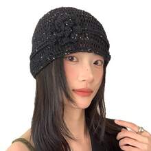 Women's Crochet Cap With Floral Accents, Cute And Sheer, Simple Design For Spring And Summer, Beige - Black - View 4