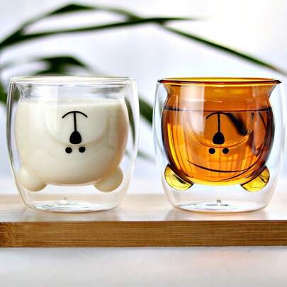 1個 動物デザイン二重壁グラスカップ、かわいいクマ型コーヒーマグ、高品質 耐熱 断熱ガラスカップ コーヒー、ミルク、紅茶、ラテ、カプチーノに最適、彼氏彼女、バレンタインデーのプレゼントに最適