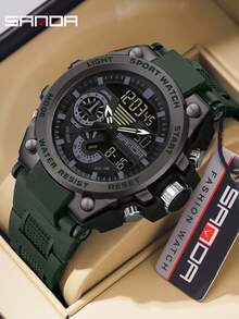 SANDA 3302 Men's LED Digital Quartz Watch, Waterproof Outdoor Sports Multifunction Dual Display Electronic Watch - Army Green - View 2