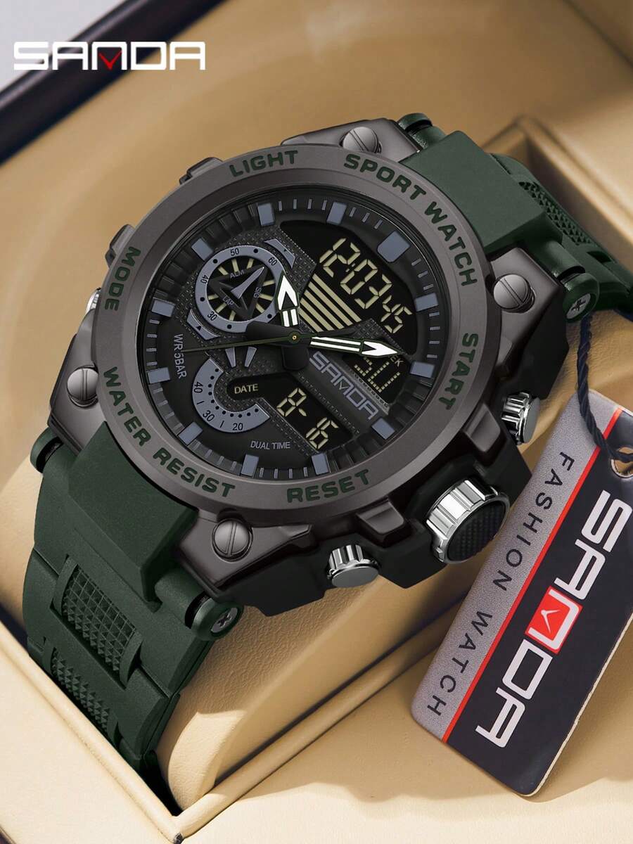 SANDA 3302 Men's LED Digital Quartz Watch, Waterproof Outdoor Sports Multifunction Dual Display Electronic Watch
